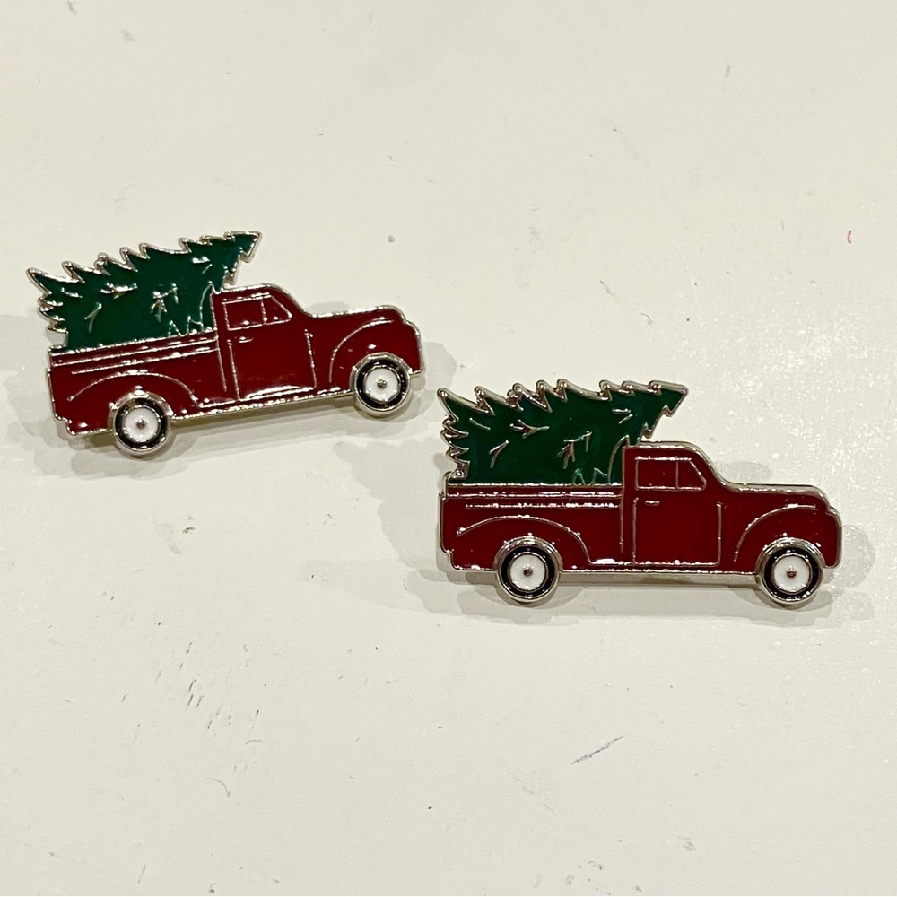 🔴 Red Truck Earrings with Christmas Tree